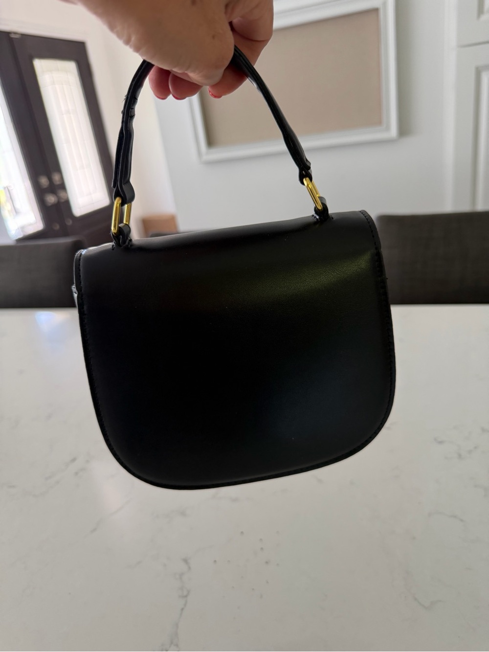 Black Leather Top-Handle Bag with Gold Accent - Picture 2 of 5
